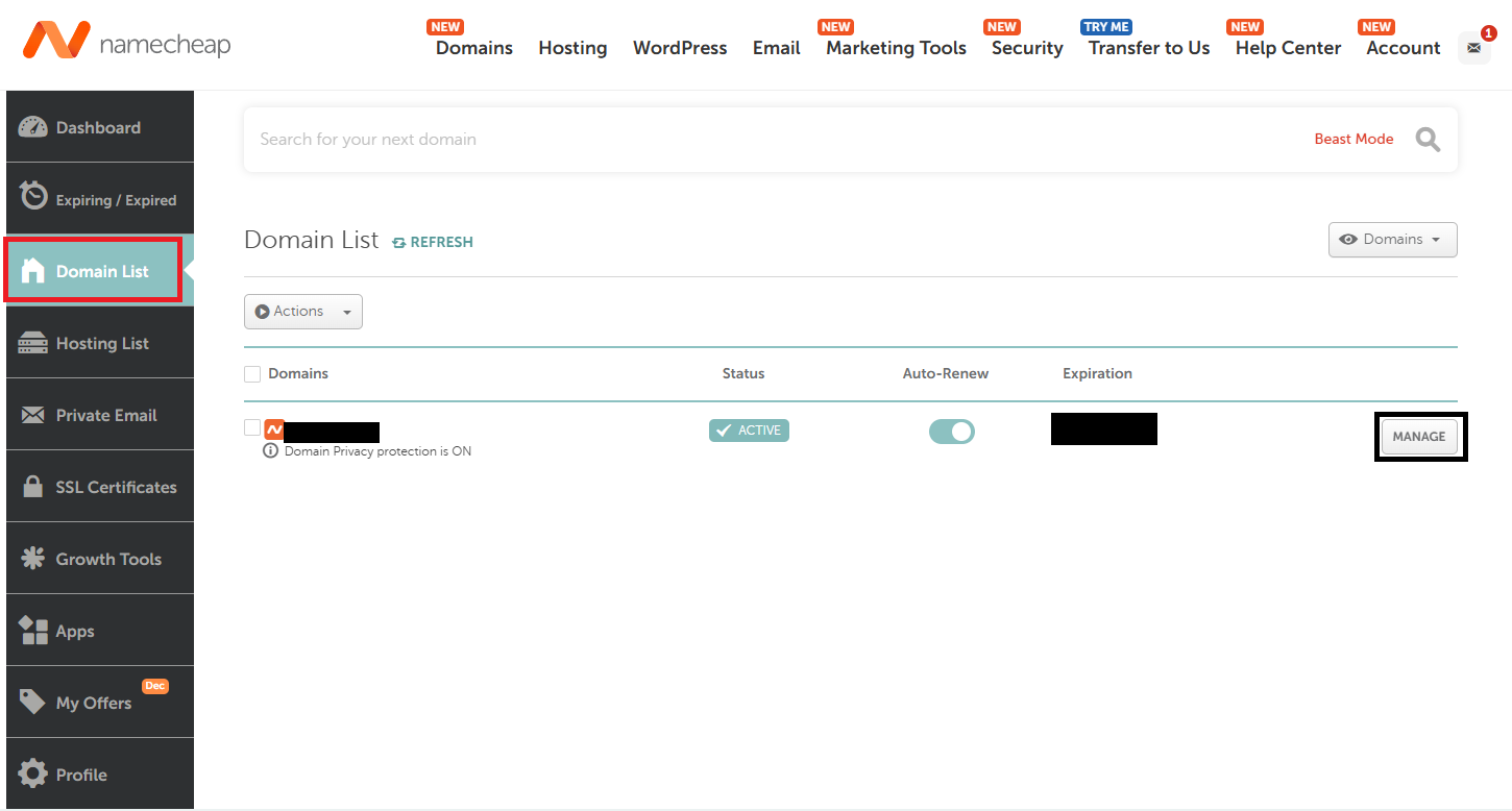 Namecheap Navigation